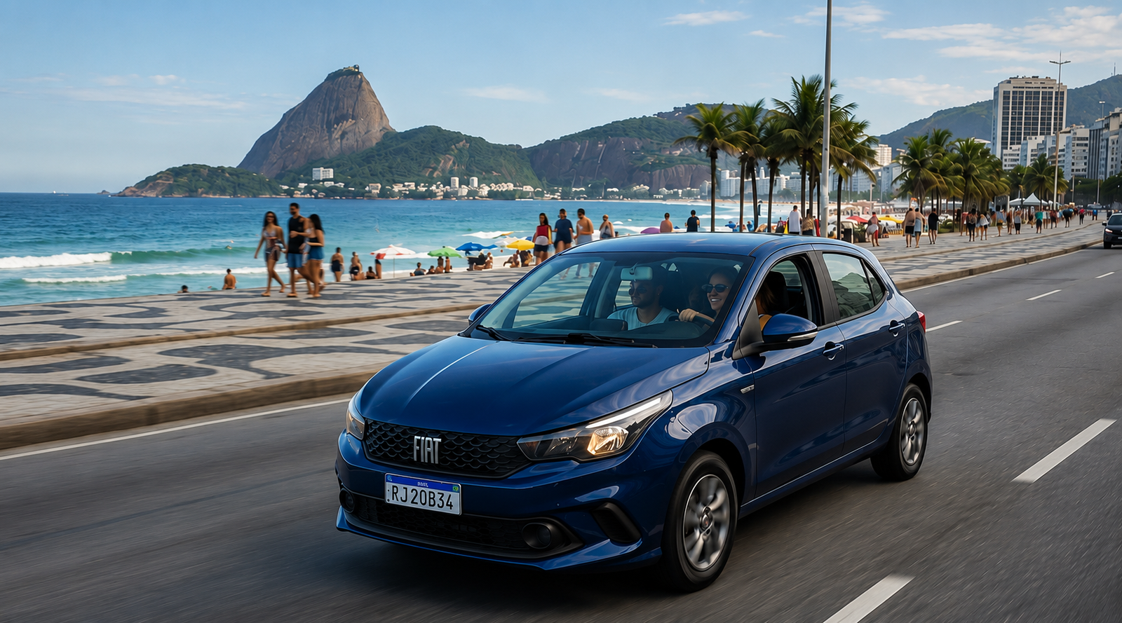 Automóvel circulando pela orla de Ipanema.
